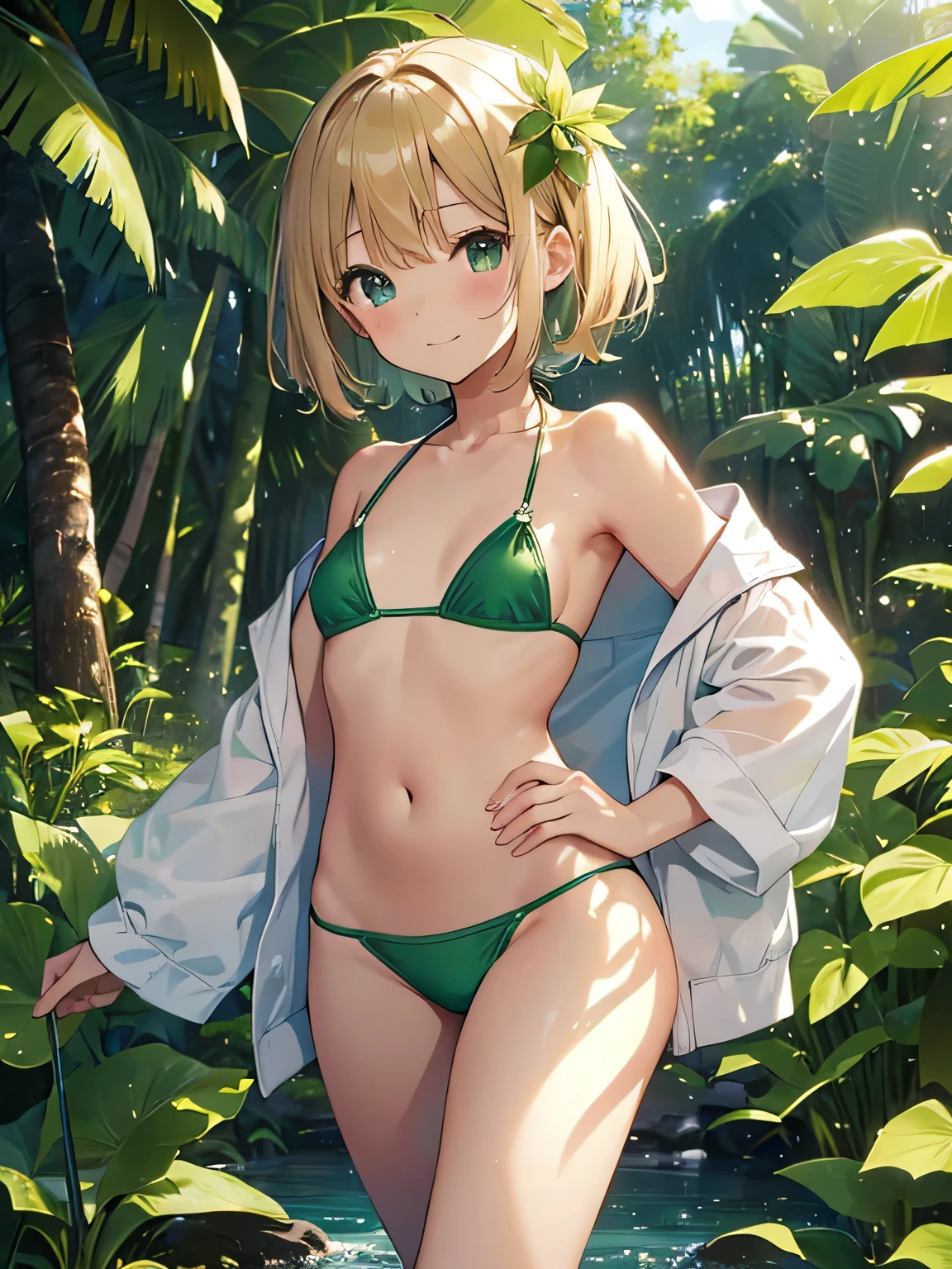 Highest quality、Very delicate and beautiful、Elementary school girl、5th grade elementary school、（((Green micro bikini)))、mesugaki、Laughter、Blonde、(Brown Skin)、Jungle background、standing、short hair