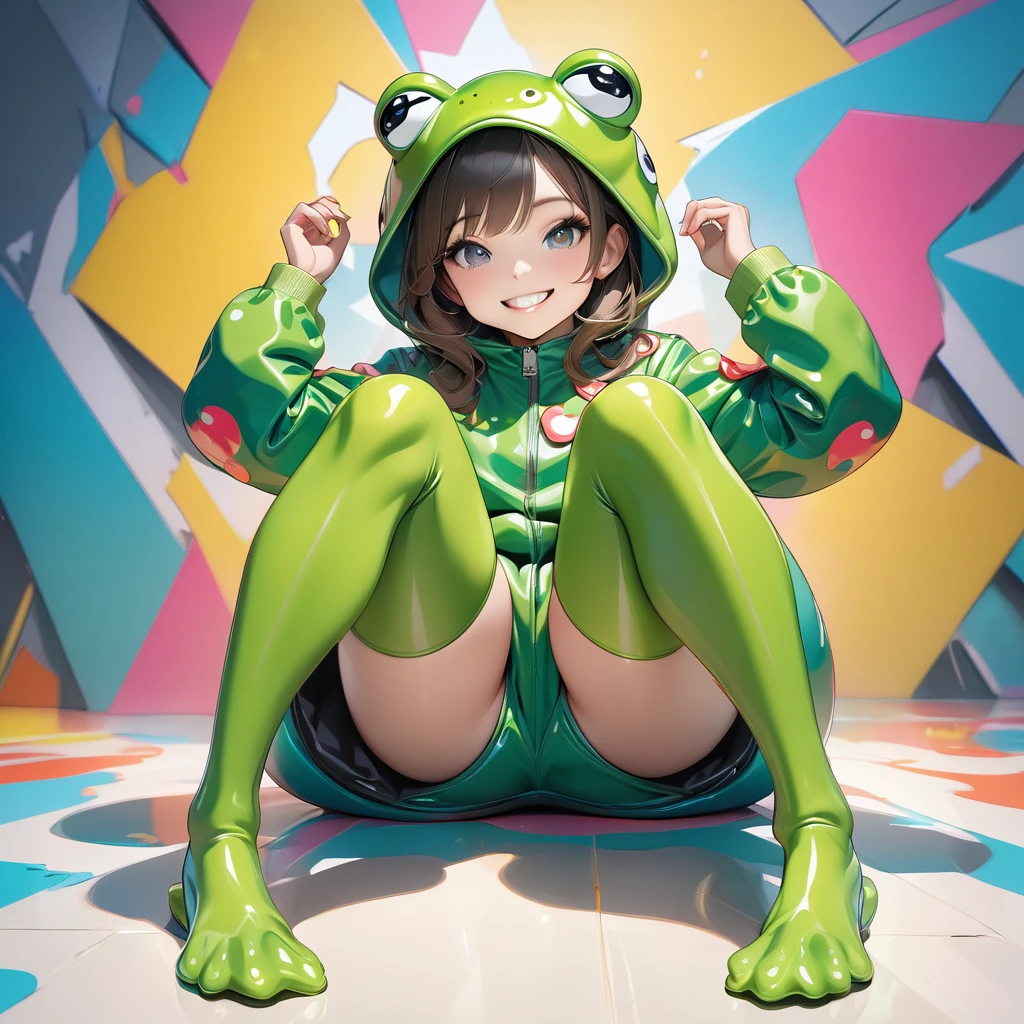 (masterpiece, best quality:1.2), cute, Ultra-small deformation, pop art, solo, a girl wearing frog suit, grin, sit with legs apart, Generated in SFW, ARW