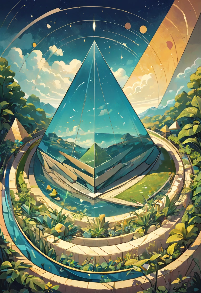Capa livro infantil, 3 children, Sun inside crystal pyramid, floresta, dragons, infinity symbol