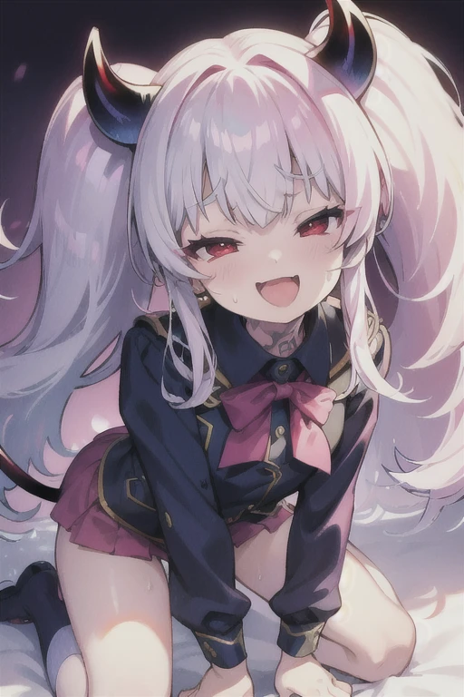 pretty girl、Young face、long silver Hair、long Twin tails、Pink eyeischievous face、Spoiled brat、uniform、Immature body、Small breasts、smile、Sweat、(Thick thighs:1.5)、very little demon horns and tail、red eyes、On all fours、Backwards、looking at viewer、sweat、pink tattoo on her abdomen、ハート型の眼、Open mouth、double teeth気まずい,