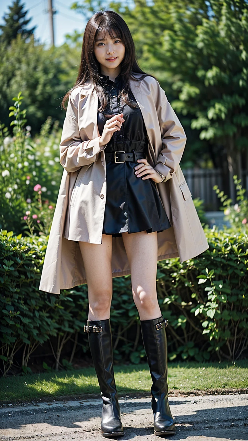 (8k、RAW Photos、Highest quality、masterpiece:1.2)、(Realistic、Realistic)、1 Girl、((pink long coat、black、check、Exposed、belt、See-through、mini skirt、Frilledium Hair、smile、whole body、See-through、boots、garden、View from the front、Looking at the camera、Hands on your hips))、cute
