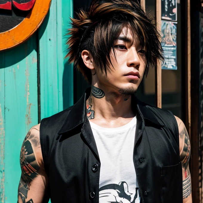 1 man, Japanese man, male, Asian eyes, muscular, broad shoulders, yakuza tattoos, hairstyle Visual Kei style, hair Visual Kei, black men's shirt and black pants, ultra detailed face, hyperrealistic, realistic representation, long hair, long hair, 30 years old, age 30 years, blond, blonde hair
