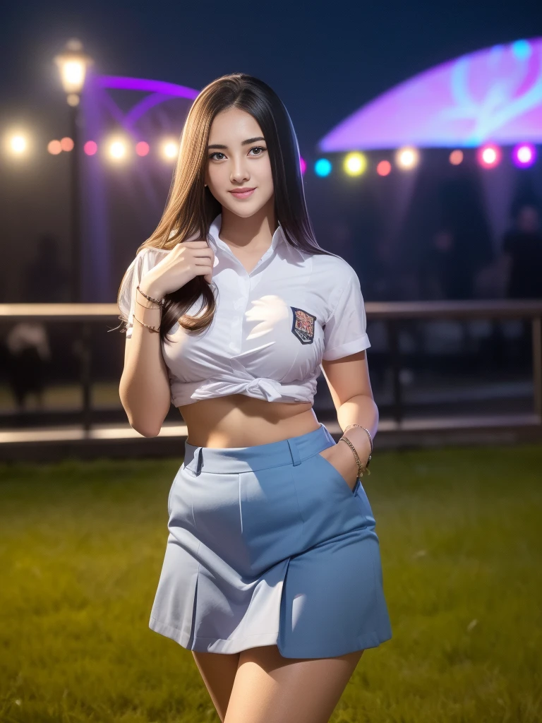 1girl, (uniform), standing, outdoors, night view, detailed Metropolitan city at the background, detailed face, little smile, detailed eyes, big breasts, six pack abs, smooth realistic skin, semi-curvy body, white shirt, grey blue short skirt, looking at the audience, (8k, RAW photo, best quality, masterpiece: 1.2), (realistic, realistic: 1.37), ultra-high resolution