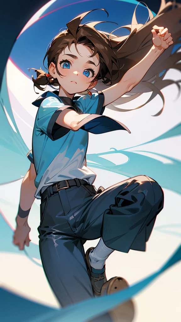 The boy had gorgeous min blue eyes, silver brown hair, cute, round cheeks, and wore a short-sleeved mullet and knee-length pants.