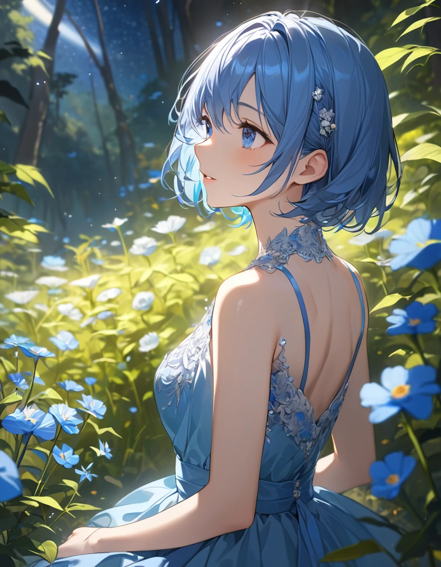 Outdoor、in the forest、((midnight、Starry Sky、湖のほとりに立つBlue Hairの美少女))、A field of blue flowers、Fantasy、(Highest qualityのイラスト:1.2), Perfect detail、 (pretty girl:1.1), (1 girl、、Highest qualityのイラスト:1.2), (1 girl、Kind eyes)、Blue Hair、Short Bob Hair、(Highest quality、Very detailed、Very detailed and beautiful、Ultra-high resolution) 、Beautiful girl in a blue dress、Looking into the distance、
