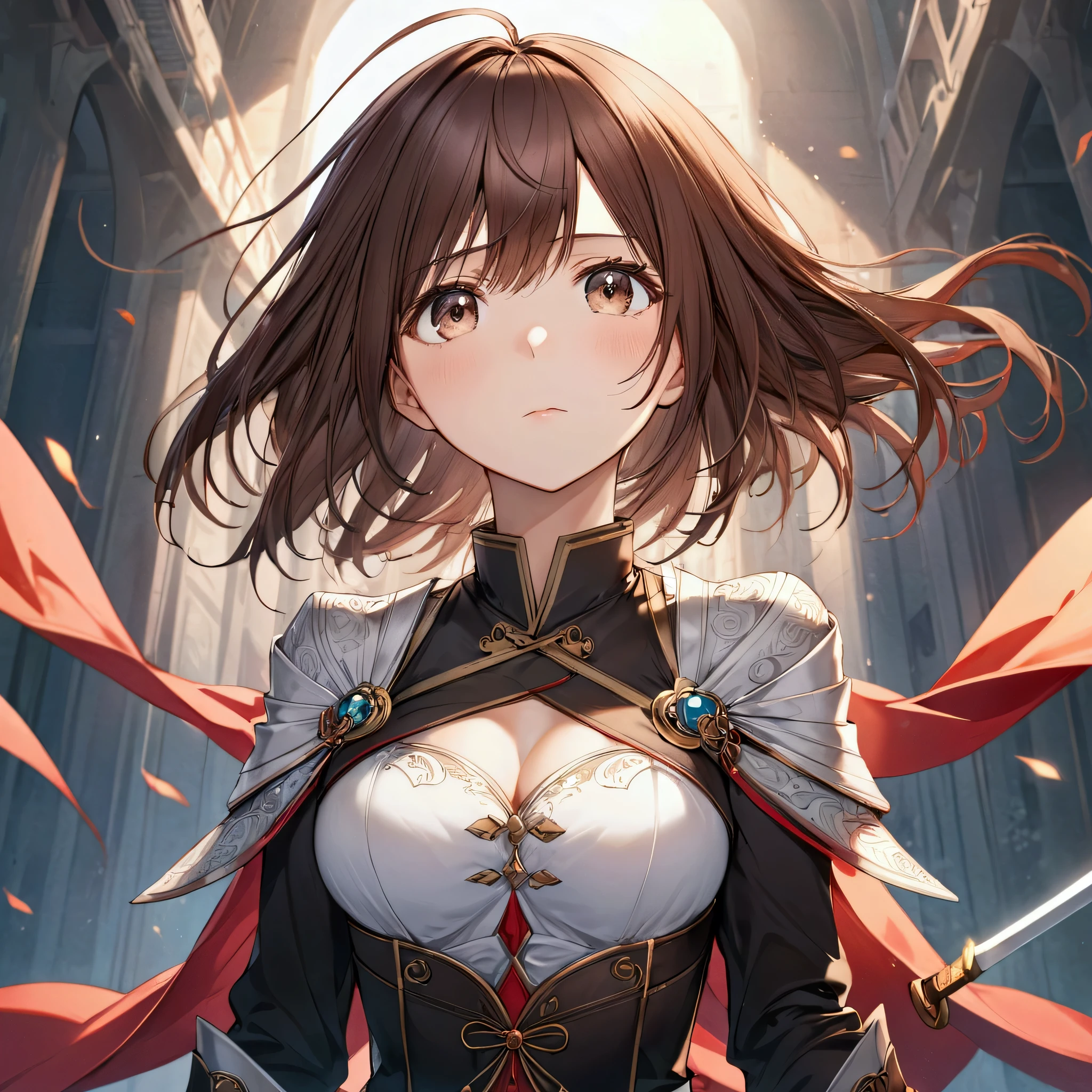 Shortcuts, chest, Brown Hair,Anime characters,Looking up,Fantasy,Female Swordsman,Big chest, Chest circumference,