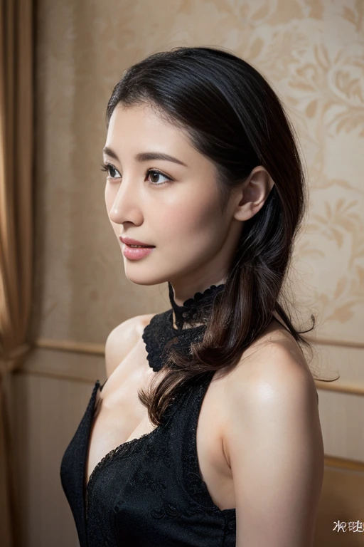 Photorealistic、Highest quality、 High resolution、8k、Surreal、Very delicate、Perfect dynamic composition、 Realistic skin feel、 One woman、whole body、Beautiful woman、 Beautiful attention to detail、 double eyelid、High nose、Deeply carved features、 Long eyelashes、Heavy makeup、 (sexy black dress、) Big and ample breasts、Beautiful valley、 plump pelvis、Slim waist、 Adult Beauty、 (30代のsexyな女性)、 Classy atmosphere、長いblack髪、 sexyな表情、looking at the camera、 (Hotel Bedroom、 )Dark Room、Light stand light、