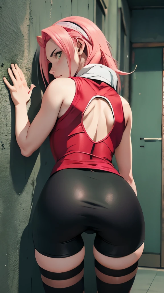 chedevr， Best quality at best， 1 girl， Sakura Haruno， big ，red clothes，Grew, to be sexy，Very angry，with pink hair， long pink hair， （green eyes:1.4)， Forehead Protection，ideal figure,Behind,Портрет в полный рост Behind,in the cell,standing on his feet, сильно bent over вперед, face pressed against the wall ,legs straight, leans his hands on the wall, the back is arched back, tight black glossy bicycle shorts, lower body close up , butt raised up, bent over