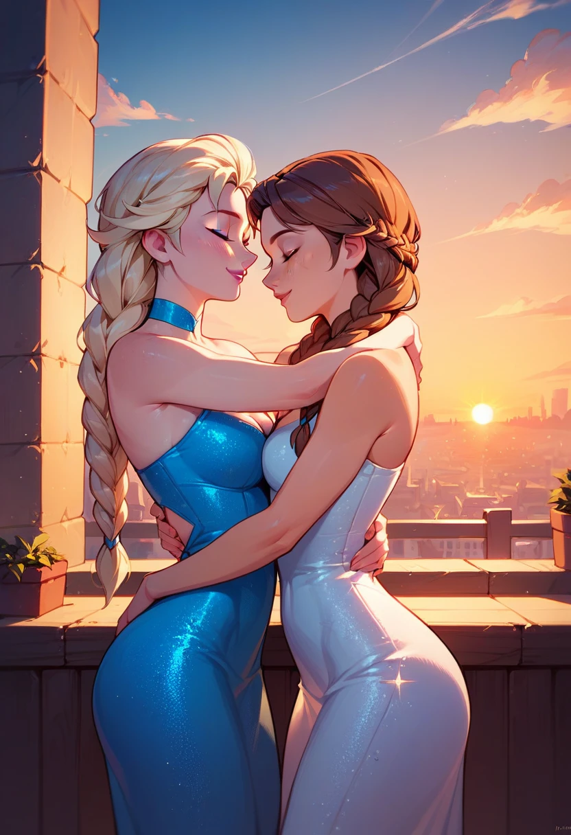 score_9, score_8_up, score_7_up, score_6_up, 2girls, elsa (blonde hair, braid:1.1) and anna (brown hair, braided pigtails:1.3), (ultra short keyhole bodycon dress:1.2),, standing, embracing, cinematic lighting,, city background, sunset, cowboy shot.