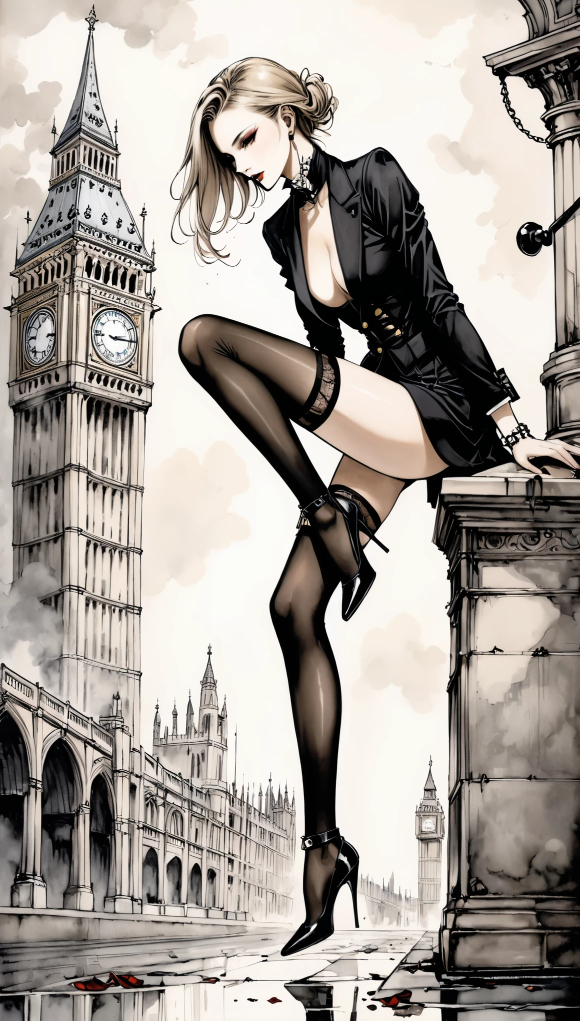 in style of Santiago Caruso,1girl，London Fashion，Female Agent，New era，stockings，Garter，(((adjusting legwear)))，In a sexy pose