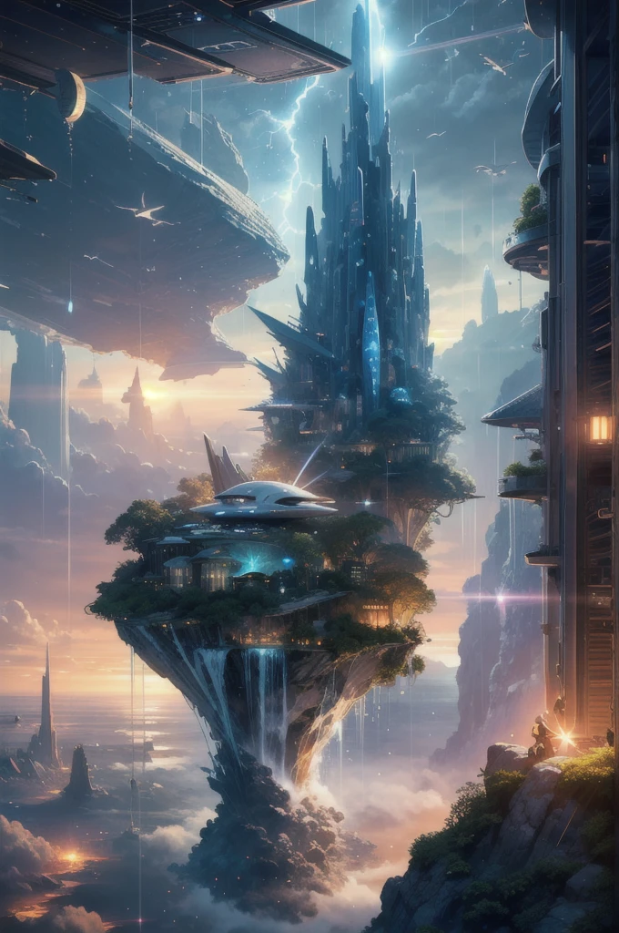 (Realistic:1.5) multiple others, lens flare, floating island, motor vehicle, architecture, spacecraft, rain, very wide shot, indoors, night sky, ambiguous gender, path, cloud, planet, day, backpack, from behind, lightning, waterfall, bird, 