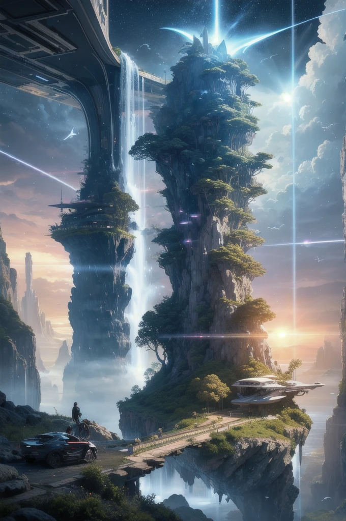 (Realistic:1.5) multiple others, lens flare, floating island, motor vehicle, architecture, spacecraft, rain, very wide shot, indoors, night sky, ambiguous gender, path, cloud, planet, day, backpack, from behind, lightning, waterfall, bird,