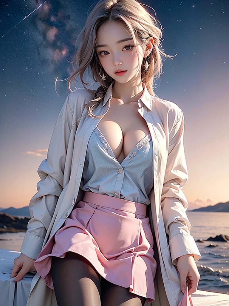 8k,(masterpiece, Beautifully, Rich in detail and highest image quality) Solitary, 1 Girl, Color gradient hair, Pantyhose, Starry Sky , pink lingerie,nsfw, cleavage, open shirt, lifted skirt, sexy pose