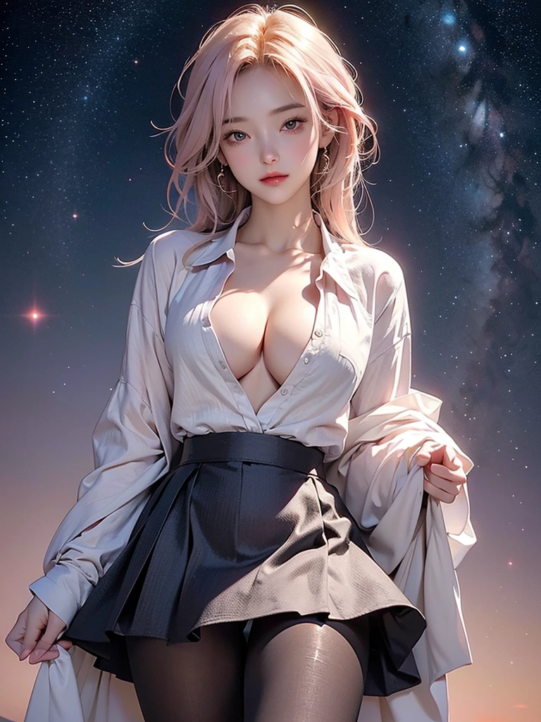 8k,(masterpiece, Beautifully, Rich in detail and highest image quality) Solitary, 1 Girl, Color gradient hair, Pantyhose, Starry Sky , pink lingerie,nsfw, cleavage, open shirt, lifted skirt, sexy pose