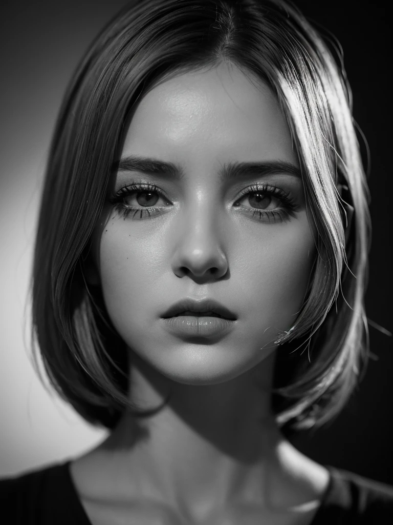 Photo noire et blanc, film noir style, Maginifique, 1fille, Seulement, demi-corps, Dramatic lighting, monochrome, high contrast, ombres dramatiques, 40s style, Mysterious, cinematic, Bright red lips