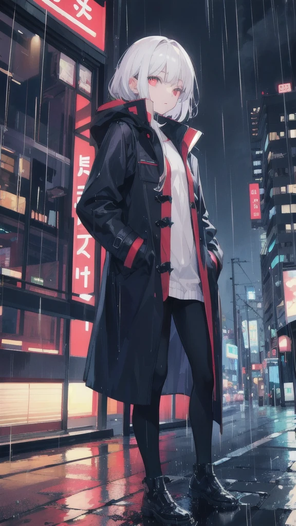 1girl,night city,rain,coat,hands in pockets