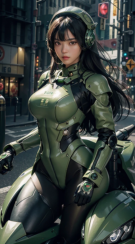 Highest image quality, outstanding details, ultra-high resolution, (realism: 1.4), the best illustration, favor details, highly condensed 1girl, with a delicate and beautiful face, dressed in a black and green mecha, wearing a mecha helmet, holding a directional controller, riding on a motorcycle, the background is a high-tech lighting scene of the future city.