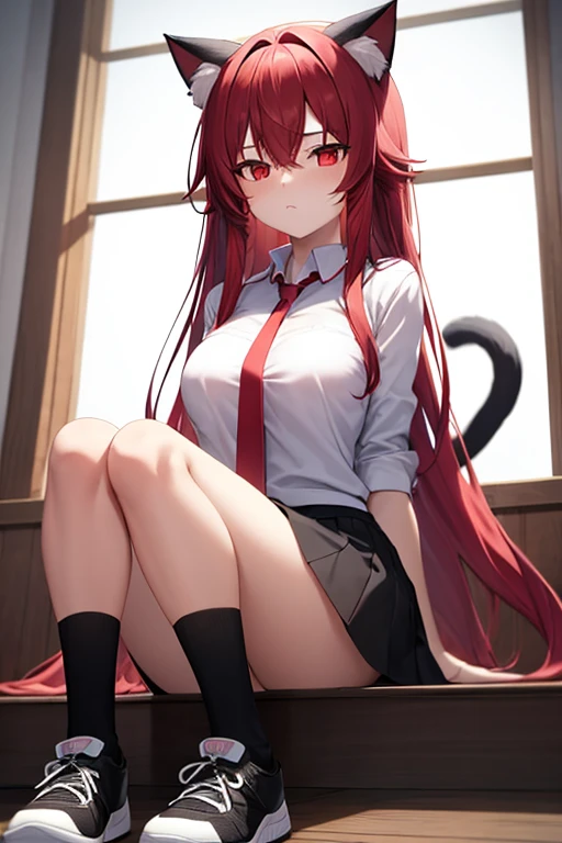 Stella Vermillion, Stella Vermillion, hair between eye, Hair intake, Hair Ribbon, Long hair, (Red Eyes:1.5), Red hair, two side up, Yellow Ribbon,Blake Black Choker, Choker, emblem, Neck ribbon, Plaid, Puffy Short Sleeves, Puffy sleeves, Purple Ribbon, Red hair, bow ribbon, School uniform, Shirt, Short sleeves, Skirt, thighs thighs thighs thighs, White shirt, White skirt,BREAK looking at viewer,,Romper (masutepiece:1.2), Best Quality, High resolution, Unity 8k壁纸, (Illustration:0.8), (Beautiful detailed eyes:1.6), extra detailed face, Perfect Lighting, extremely details CG, (Perfect hands, Perfect Anatomy),Naughty big、Smile with open mouth、,(white panties:1.3)、(Fully exposed panties:1.5)、(Squatting:1.3)、plein air、outside of house、(black thighhighs:1.3)