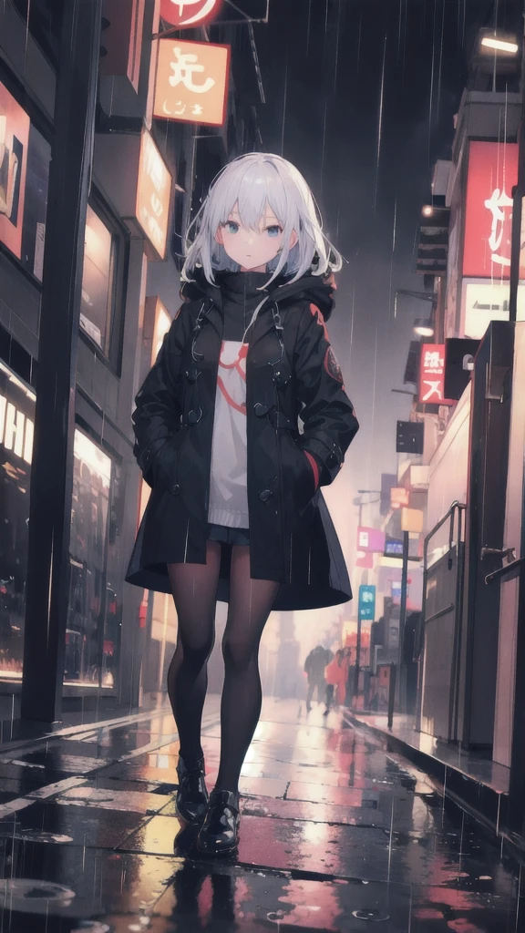 1girl,night city,rain,coat,hands in pockets