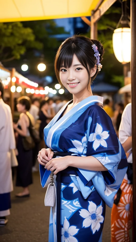 Having hair upstyled、Very Beautiful Japan Woman。She is wearing a yukata、She has striking bluish-black eyes and a bright smile.、Has an elegant posture。The background is a summer festival venue at night with many food stalls.。The image style is realistic.、It adds a touch of glamour.。