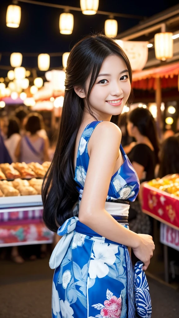 Having hair upstyled、Very Beautiful Japan Woman。She is wearing a yukata、She has striking bluish-black eyes and a bright smile.、Has an elegant posture。The background is a summer festival venue at night with many food stalls.。The image style is realistic.、It adds a touch of glamour.。
