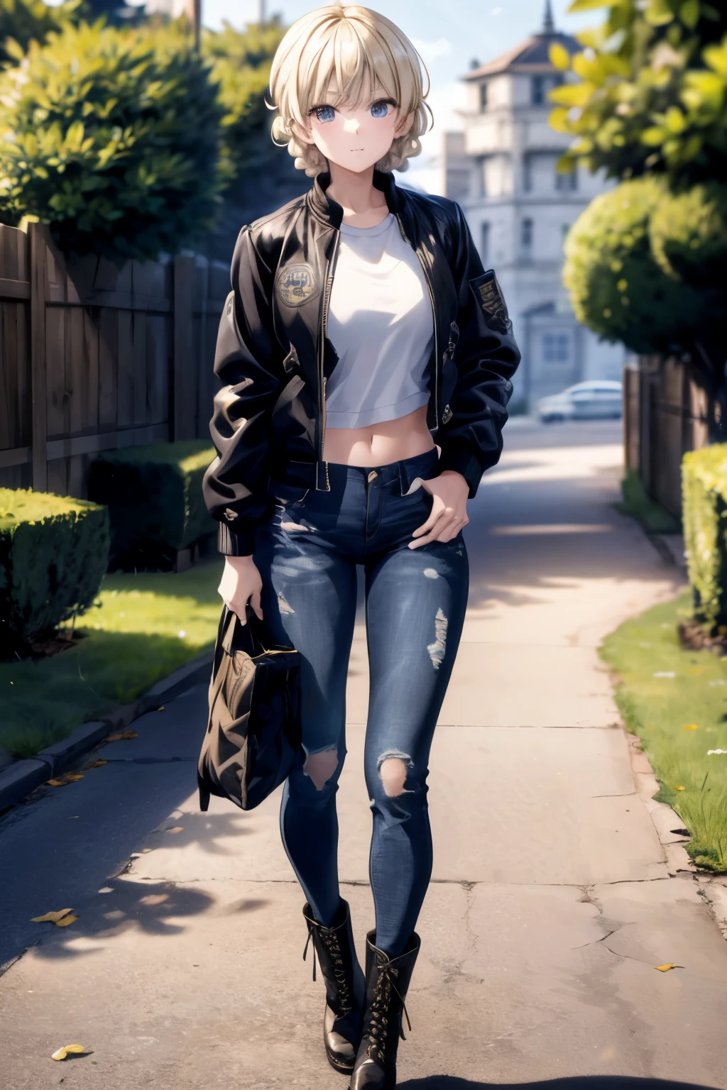 masterpiece,best quality,highres,ultra-detailed,bbdarjeeling,short hair,braid,bangs,blond hair ,bomber jacket(black bomber jacket:1.2),long sleeves, jeans, lace up Bovver boots,black footwear,outdoors,standing,full shot,mad,