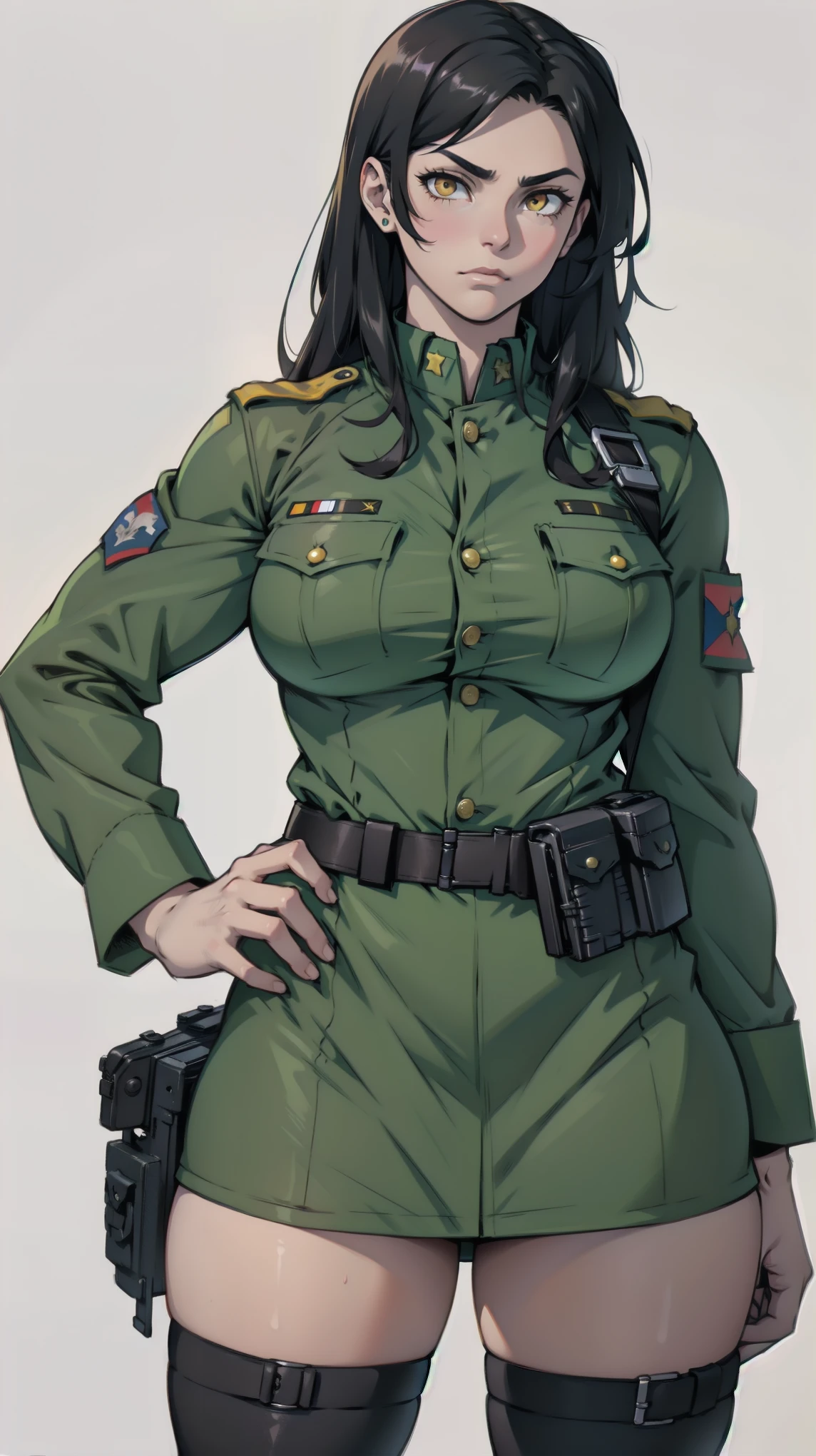 solo, 1 girl, (very long hair), black hair, angry, yellow eyes pale skin (wide hips thick thighs curvy muscular toned body bodybuilder huge tits) ((military uniform))