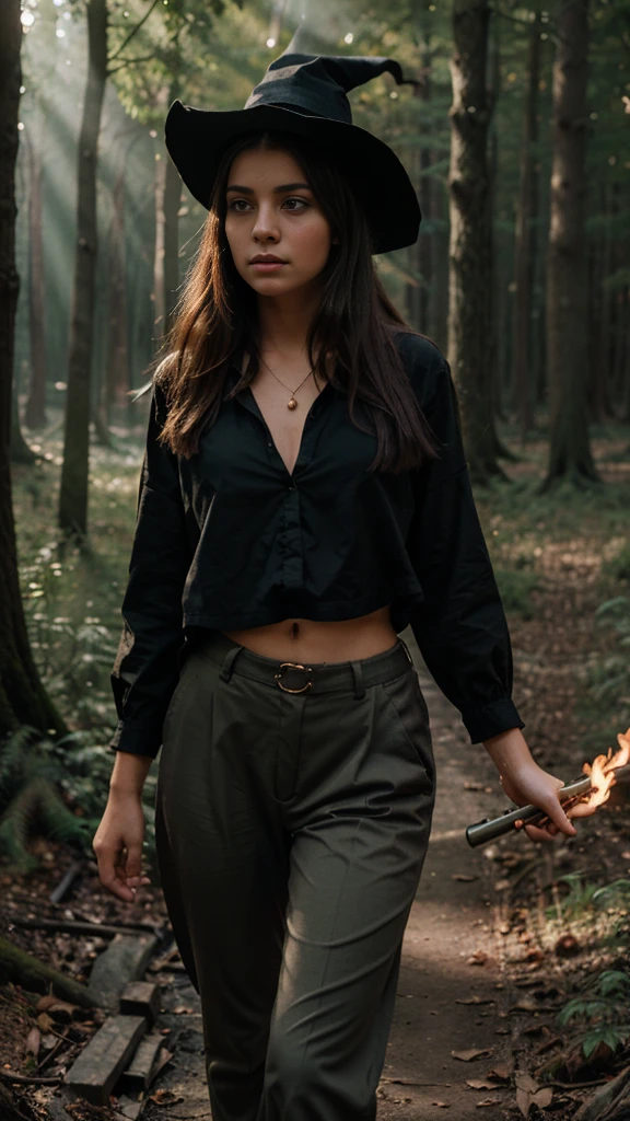 A girl (20 Yo) in In witch clothes With trouser, By holding a magic wand (breathing out fire) with on .Add shadow and light effects And Lightroom presets with forest background, style Realistic Full hd 24k