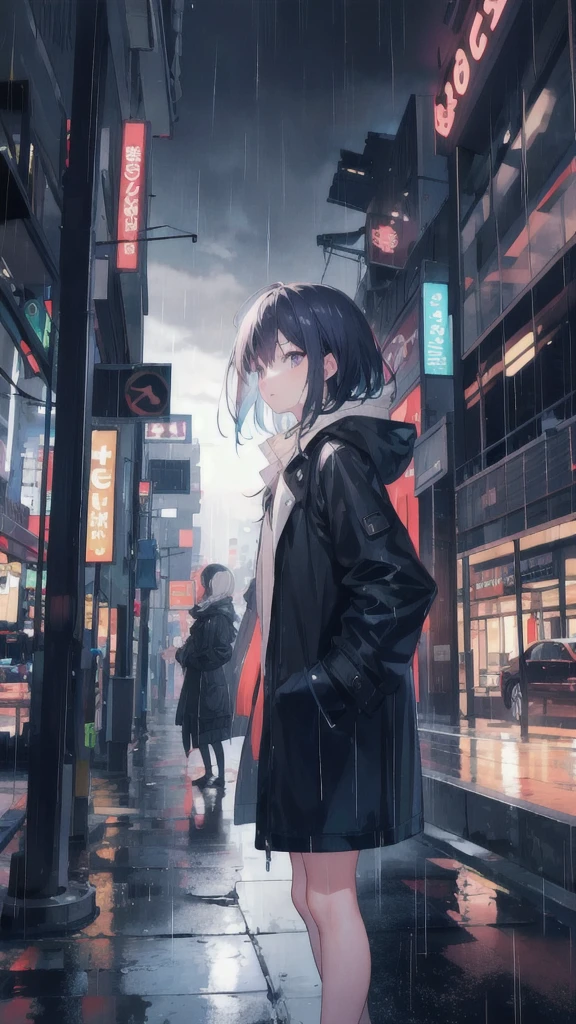 1girl,night city,rain,coat,hands in pockets