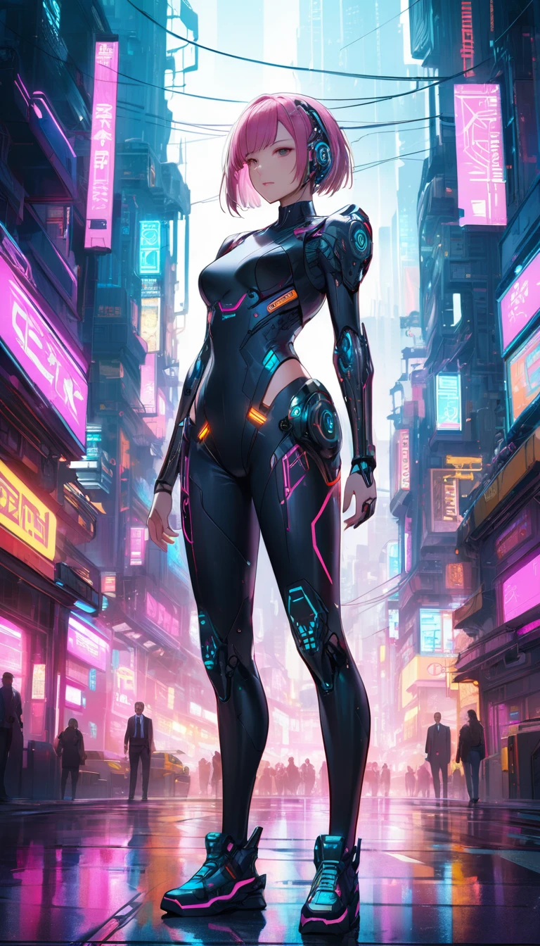 cyberpunk girl, cybernetic lawyer, full body shot, digital painting, sci-fi, hi-tech implants, strong contrast lighting, light neon cyberpunk city in day background, complex intricate details, cinematic dramatic composition, hyper realistic, 8k, photorealistic, masterpiece