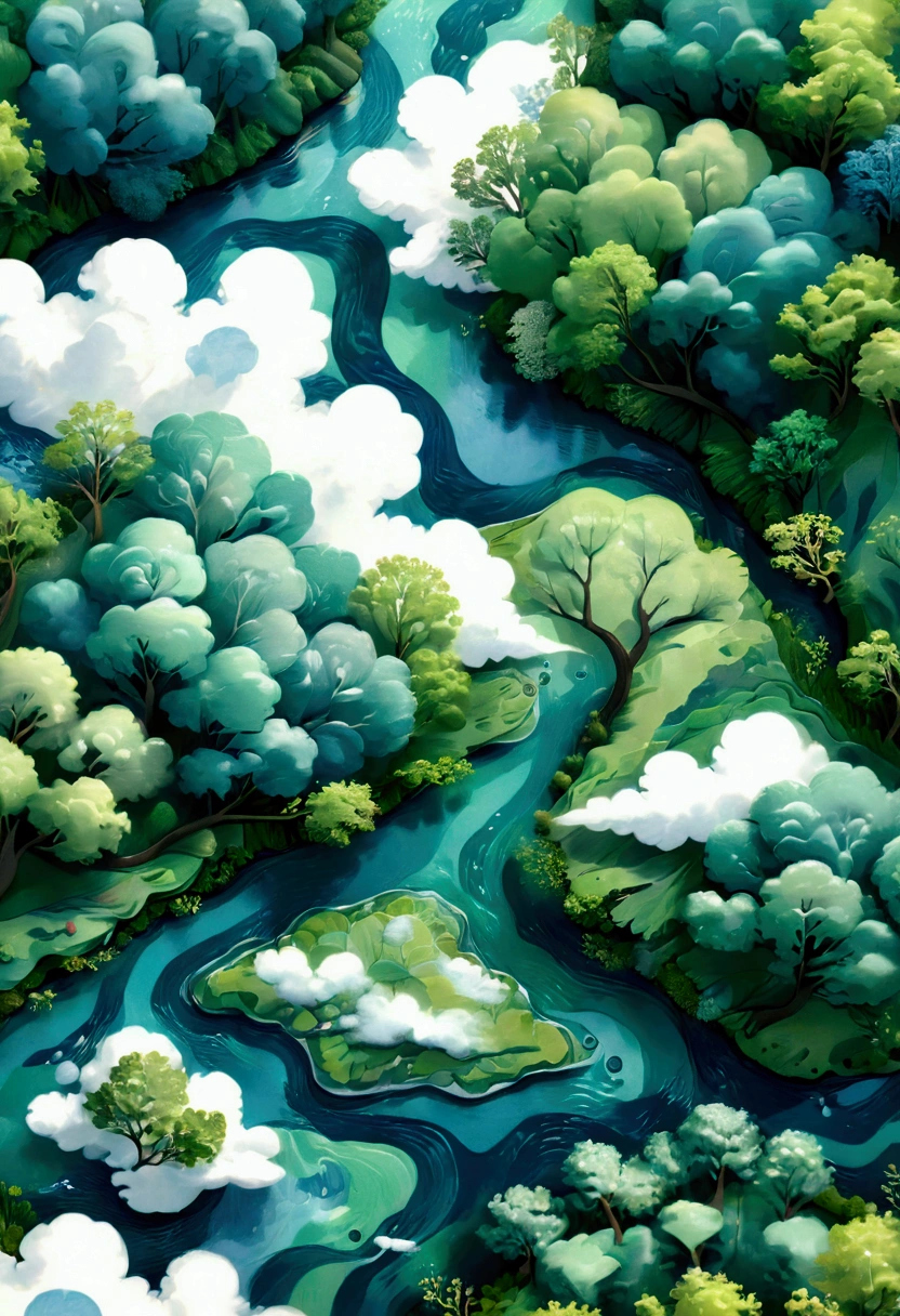 A blue river, green trees and white clouds, top view, patterned paper background, light sky blue and emerald green, soft colors, bright, a whimsical children's book illustration
