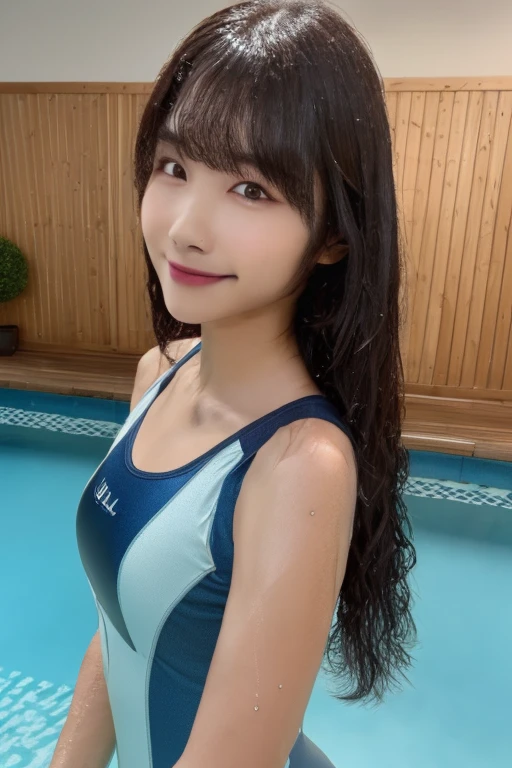 (Best Quality, 8k, Masterpiece: 1.3), Gorgeous Woman, 1 Girl, (黒 One-Piece Swimsuit: 1.2) (Skinny, Healthy, Perfect Body: 1.2), abs: 1.1, Dark Brown Hair: 1.1, (Rain Wet, Wet Body: 1.2), (Night Pool Room: 1.6) Ultra-detailed face, detailed lips, detailed eyes, double eyelids　pubic hair tanned skin　Short Bob　Trimmed bangs, shy smile