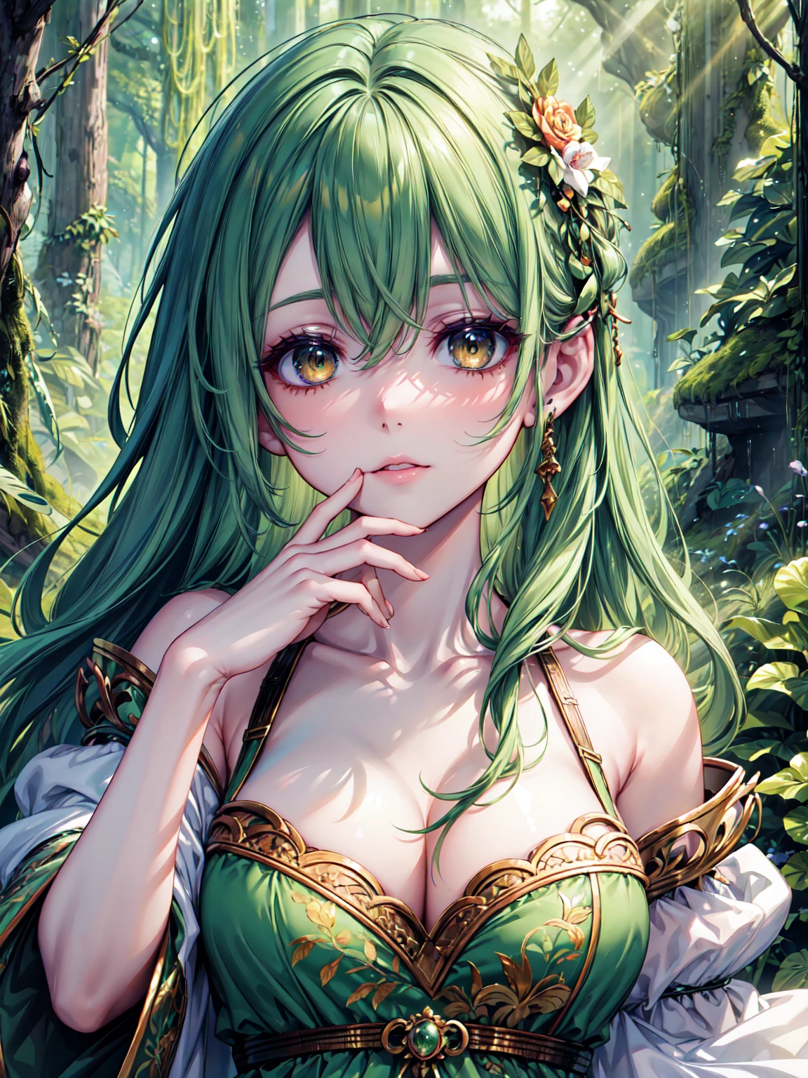 a detailed portrait of a beautiful green-haired woman, lush forest background, intricate nature-inspired dress, vibrant green blood flowing from her eyes, detailed facial features, serene expression, magical realism, cinematic lighting, detailed rendering, highly realistic, 8k, photorealistic.