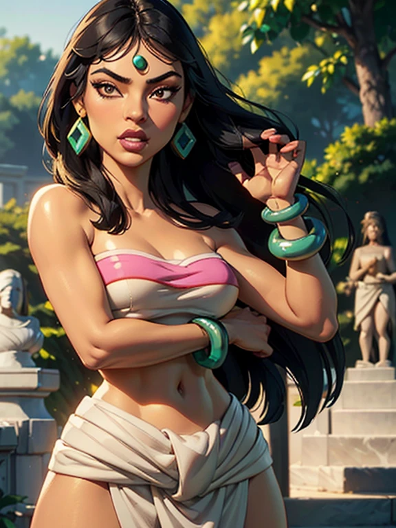 ((ultra quality)), ((masterpiece)), Chel, ((black-haired long hair)), (Beautiful face), (beautiful female lips), (), charming, ((sexy facial expression)), looks at the camera, (dark skin color), (dark skin), glare on the body, ((Detailed eyes)), ((Hazel eyes)), (juicy female lips), (brown lips), (dark eyeliner), (beautiful female hands), ((ideal female figure)), ideal female body, beautiful waist, beautiful hips, medium breasts, ((subtle and beautiful)), stands seductively, (Wearing: tube top, loincloth, emerald bracelet's and golden earrings:1.2), background: stone temple, ((depth of field)), ((high quality clear image)), (clear details), ((high detail)), realistically, professional photo session, ((Clear Focus))