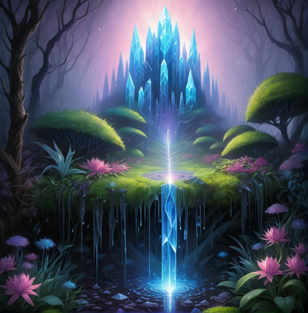 An ash forest frozen at dawn breeds crystal creatures forbidden by Christ and the death of the rain fills the garden with soft electrical blessings the dark powers of the earth and the night climb up the spine