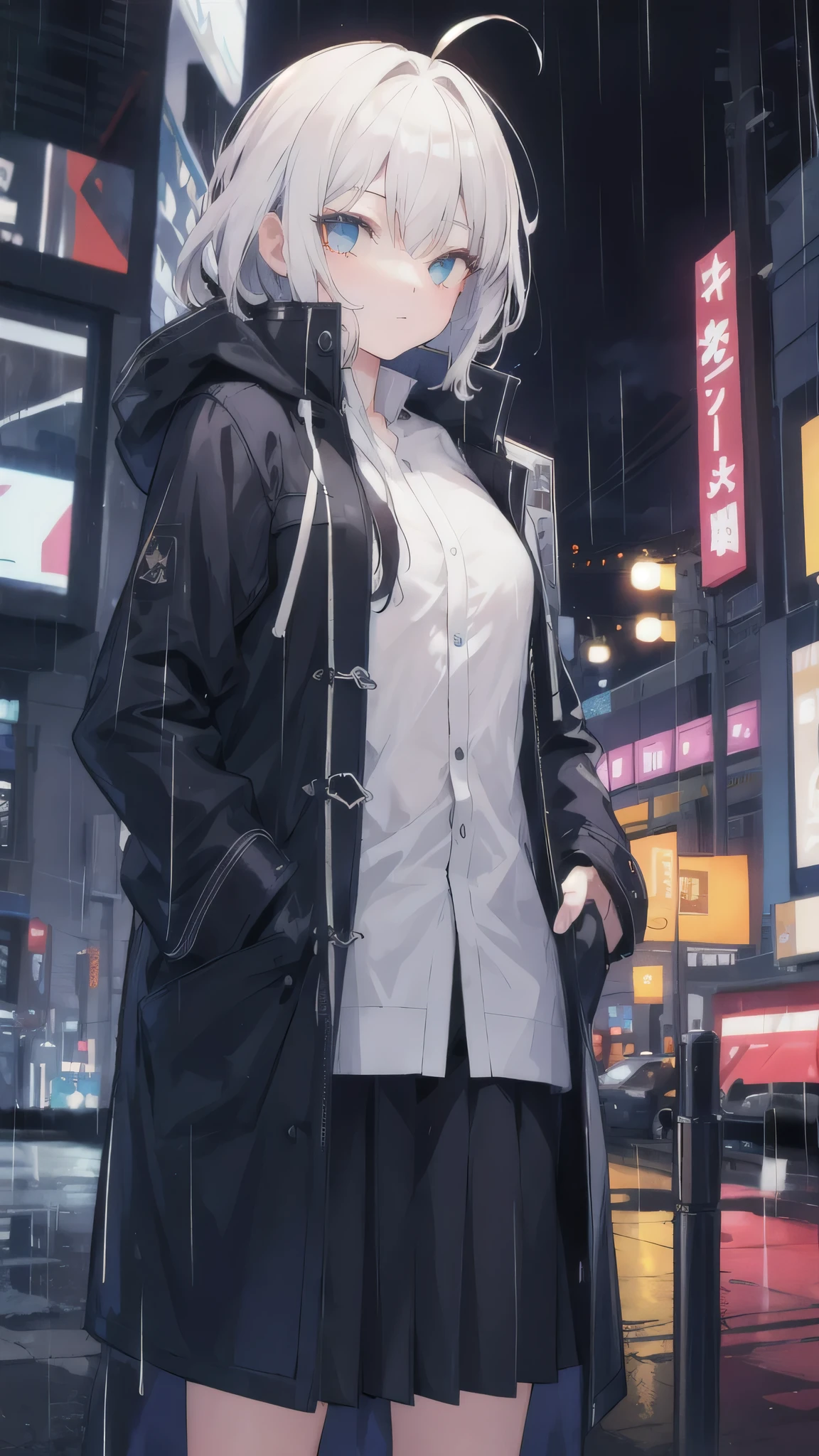 1girl,night city,rain,coat,hands in pockets