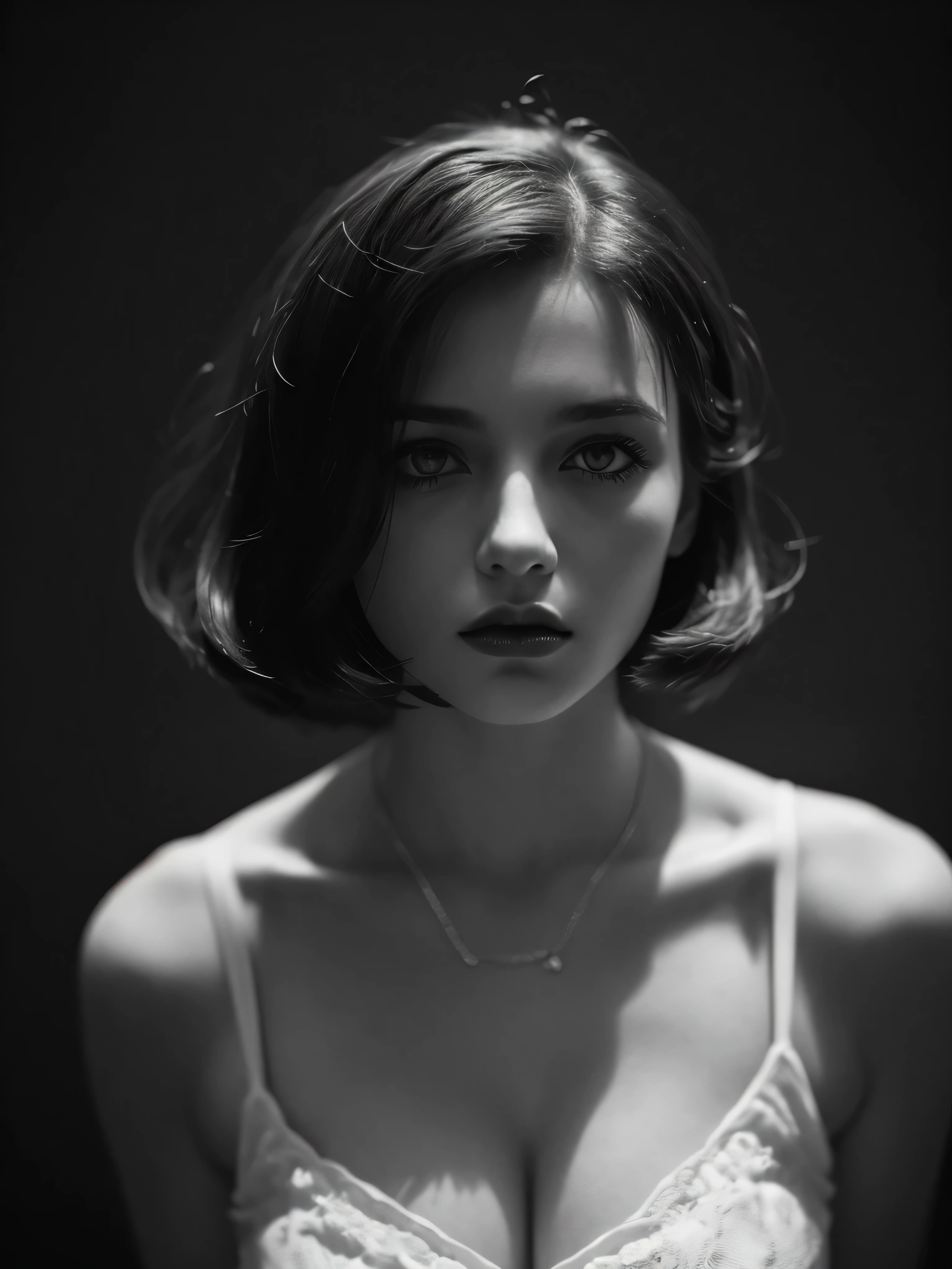 Photo noire et blanc, film noir style, Maginifique, 1fille, Seulement, demi-corps, Dramatic lighting, monochrome, high contrast, ombres dramatiques, 40s style, Mysterious, cinematic, Bright red lips