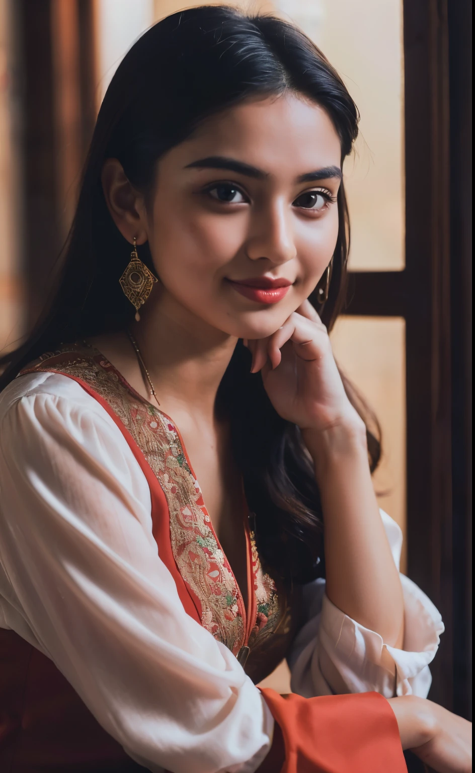 ((best quality)), ((masterpiece)), (detailed), perfect face, teenager 19 year old girl ,surreal, indian girl, (high resolution), (8K), ((extremely detailed)), (best illustration),beautiful detailed round eyes , (best quality), (super detailed), (masterpiece), (detailed face), best quality, (big breasts ,wearing beautiful red traditional dress ,Seductive body ,long black curly hair ,Super chic face detail, Super detailed lips)), ((Detailed eyes, in cafe, taking coffee, sitting, pose,