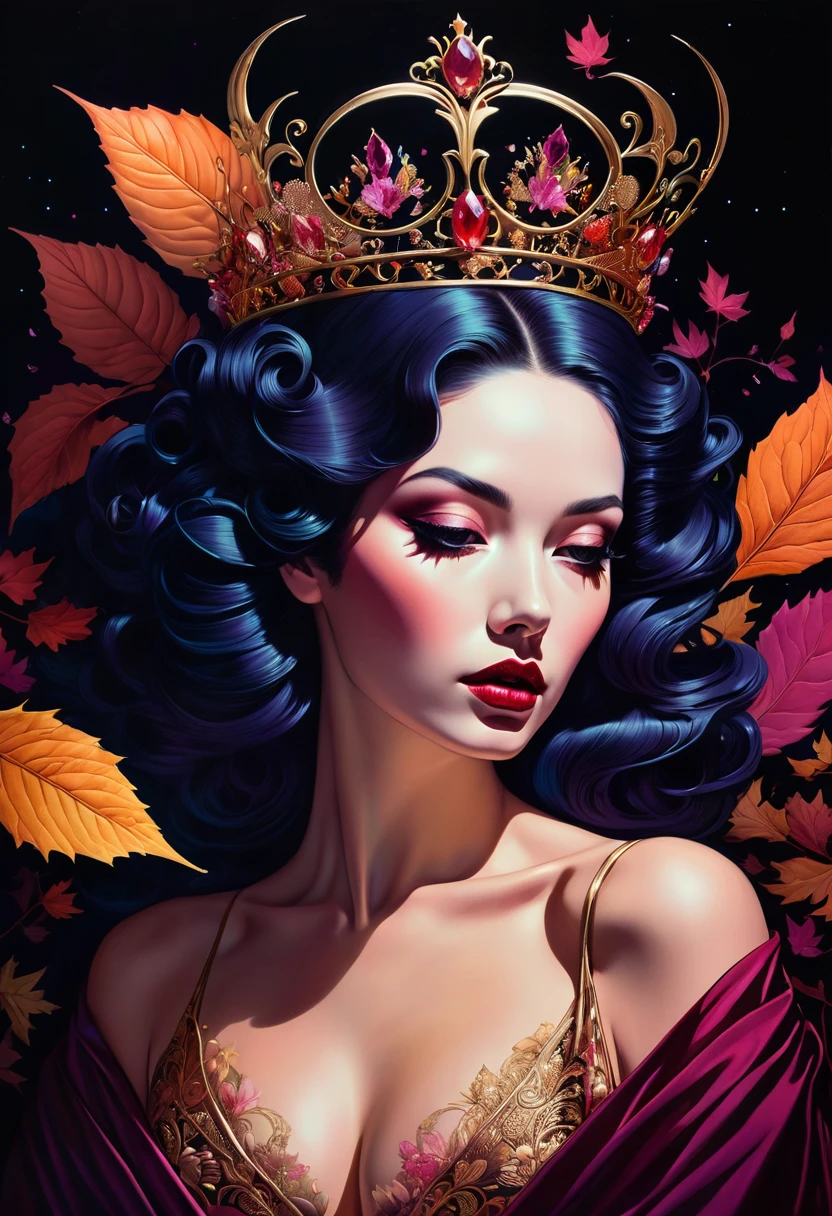 chiaroscuro technique on sensual illustration of an queen of wand, vintage queen, eerie, matte painting, by Hannah Dale, by Harumi Hironaka, extremely soft colors, hint of vibrant, highly detailed, digital artwork, high contrast, dramatic, refined, tonal, highest quality，anatomy correct，ultra-wide-angle，depth of fields, autumn energy, cleavage