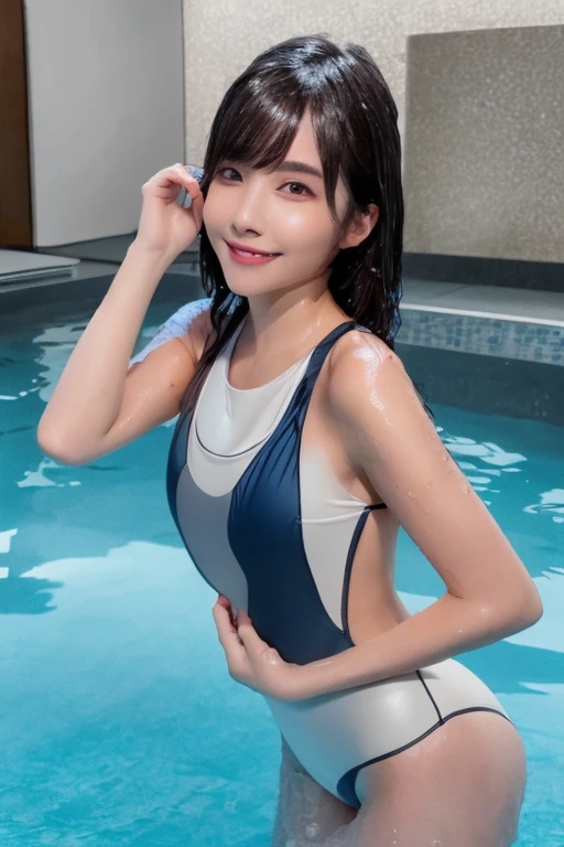 (Best Quality, 8k, Masterpiece: 1.3), Gorgeous Woman, 1 Girl, (黒 One-Piece Swimsuit: 1.2) (Skinny, Healthy, Perfect Body: 1.2), abs: 1.1, Dark Brown Hair: 1.1, (Rain Wet, Wet Body: 1.2), (Night Pool Room: 1.6) Ultra-detailed face, detailed lips, detailed eyes, double eyelids　pubic hair tanned skin　Short Bob　Trimmed bangs, shy smile