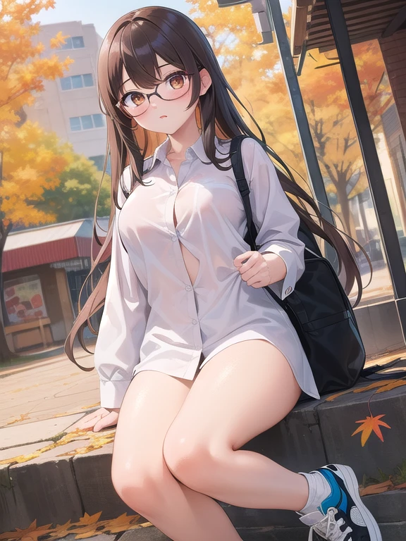masterpiece, Best quality,ultra detail, a comic , (a comic_panel_layout) brown long hair,girl,Brown eyes,Glasses,oversized button-down shirt on a naked body, sneakers,autumn leaves,Park