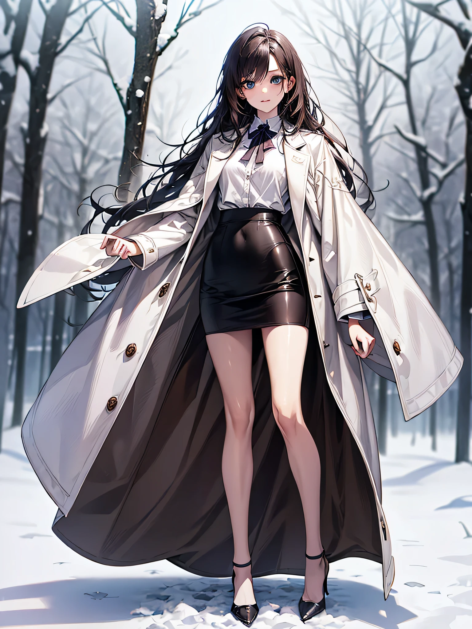 (Correct number of limbs)、Full body, including face、4K、masterpiece、Focus on the face、Well-proportioned facial features、Delicate descriptive eyes、One beautiful woman、Excellent style、(White coat、Pencil Skirt、High heels)、Photos with white borders、Looking into the camera、On the snow、Shooting from an angle、Panty shot、
