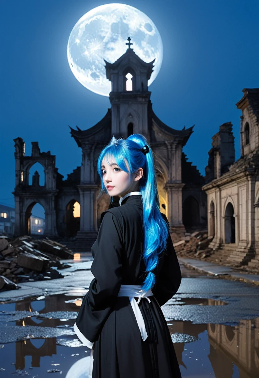 girl、Blue Hair、long hair、ponytail、Hair that issues、Black monastic vestments、Nuns、Sister clothes、night、full moon、Blue glowing background、Blue emitting puddle、ruins、Collapsed tower