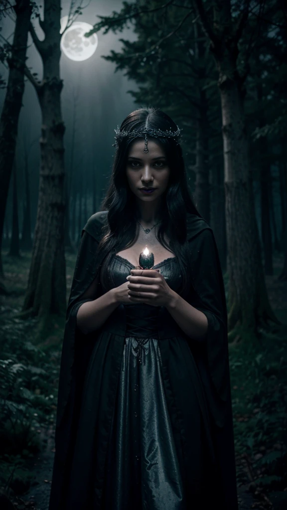 A powerful and mysterious witch standing in a dark, enchanted forest. She wears a flowing black cloak adorned with silver runes and holds a glowing staff. Her eyes gleam with magic as she casts a spell, causing the air around her to shimmer. The forest is filled with twisted, ancient trees, glowing mushrooms, and swirling mist. In the background, a full moon illuminates a gothic tower, adding to the eerie atmosphere.