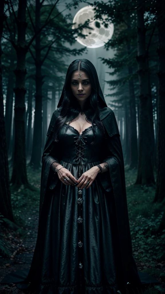 A powerful and mysterious witch standing in a dark, enchanted forest. She wears a flowing black cloak adorned with silver runes and holds a glowing staff. Her eyes gleam with magic as she casts a spell, causing the air around her to shimmer. The forest is filled with twisted, ancient trees, glowing mushrooms, and swirling mist. In the background, a full moon illuminates a gothic tower, adding to the eerie atmosphere.