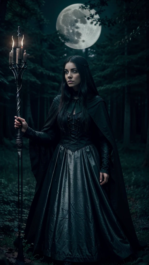 A powerful and mysterious witch standing in a dark, enchanted forest. She wears a flowing black cloak adorned with silver runes and holds a glowing staff. Her eyes gleam with magic as she casts a spell, causing the air around her to shimmer. The forest is filled with twisted, ancient trees, glowing mushrooms, and swirling mist. In the background, a full moon illuminates a gothic tower, adding to the eerie atmosphere.