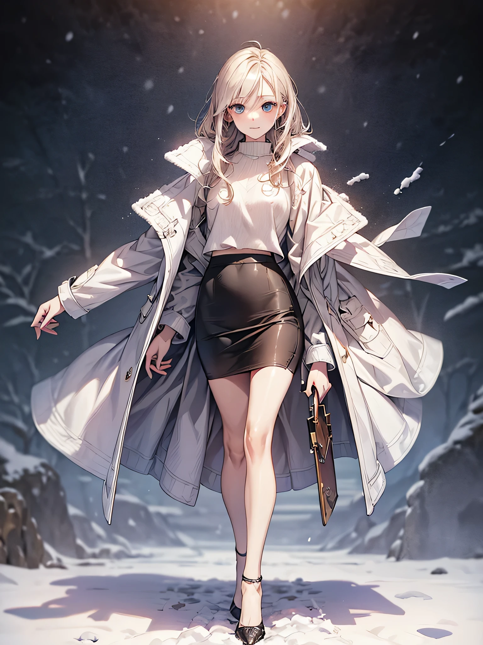 (Correct number of limbs)、Full body, including face、4K、masterpiece、Focus on the face、Well-proportioned facial features、Delicate descriptive eyes、One beautiful woman、Excellent style、(White coat、Pencil Skirt、High heels)、Photos with white borders、Looking into the camera、On the snow、Shooting from an angle、Panty shot、