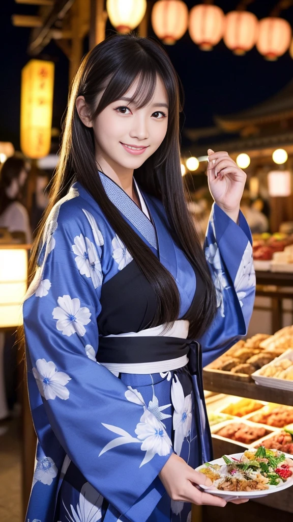 Having long flowing hair、Very Beautiful Japan Woman。She is wearing a long-sleeved yukata、She has striking bluish-black eyes and a bright smile.、Has an elegant posture。The background is a summer festival venue at night with many food stalls set up.。The image style is realistic.、It adds a touch of glamour.。