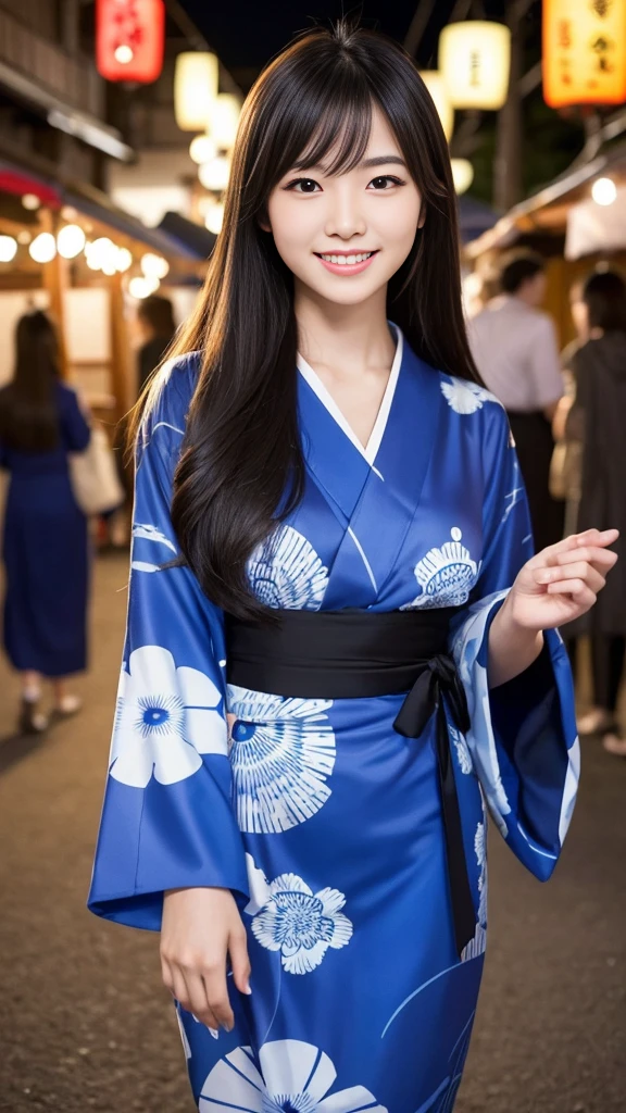 Having long flowing hair、Very Beautiful Japan Woman。She is wearing a long-sleeved yukata、She has striking bluish-black eyes and a bright smile.、Has an elegant posture。The background is a summer festival venue at night with many food stalls set up.。The image style is realistic.、It adds a touch of glamour.。