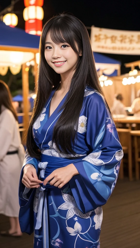 Having long flowing hair、Very Beautiful Japan Woman。She is wearing a long-sleeved yukata、She has striking bluish-black eyes and a bright smile.、Has an elegant posture。The background is a summer festival venue at night with many food stalls set up.。The image style is realistic.、It adds a touch of glamour.。